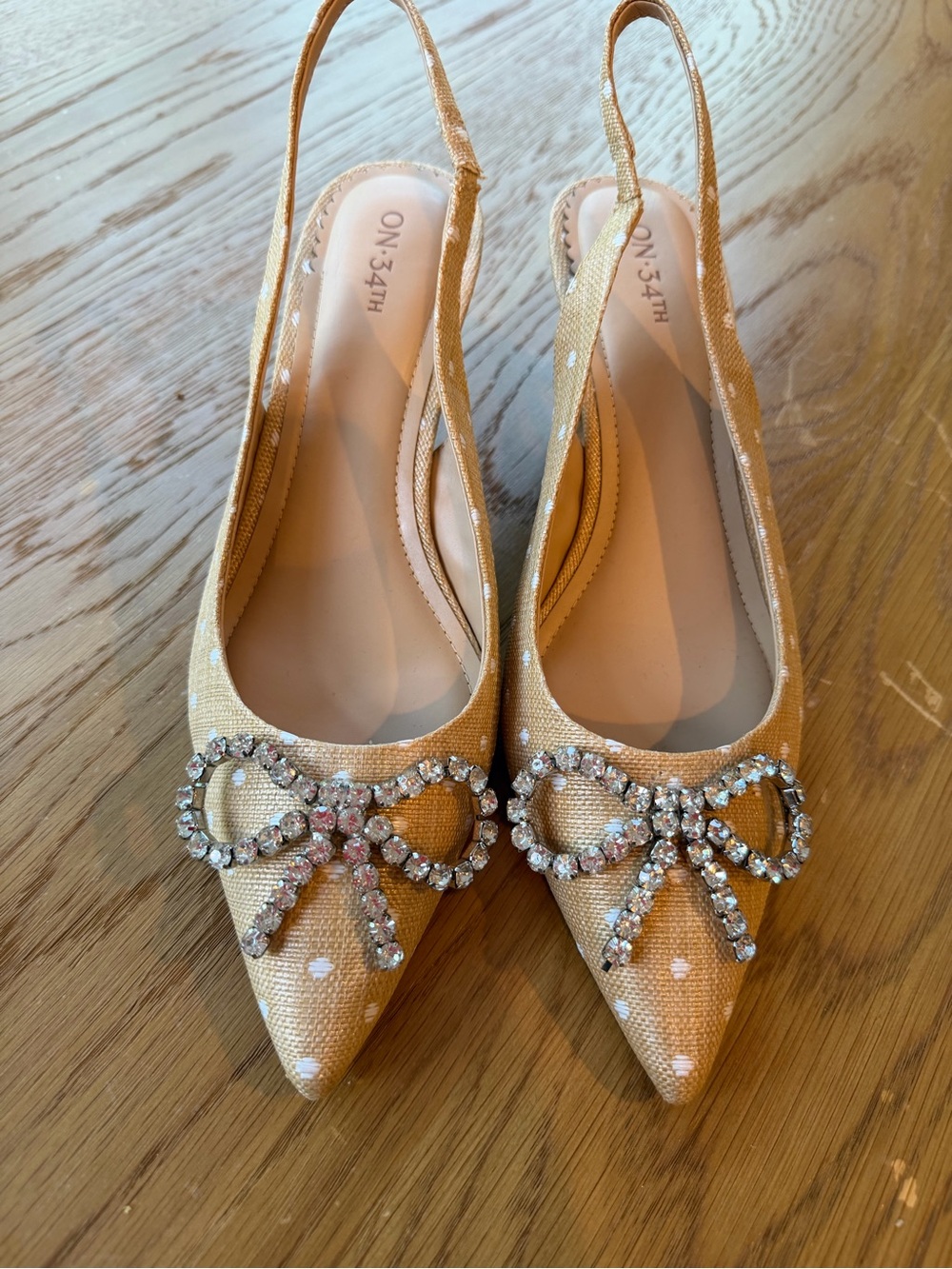 On 34th Polka Dot Slingback Heels with Crystal Bow Accent — Beige - Picture 2 of 4